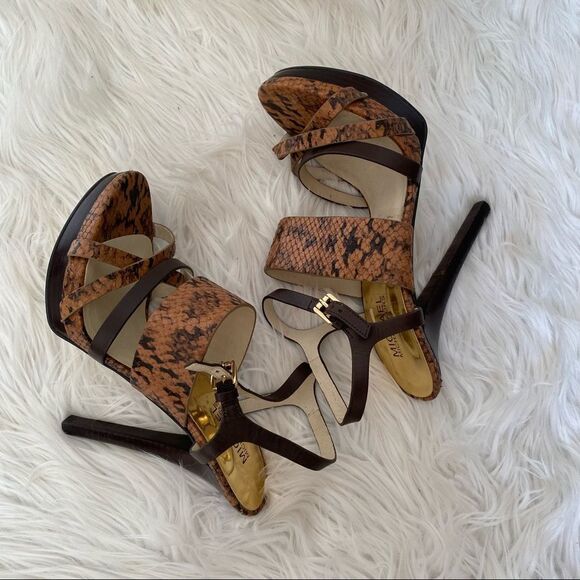 NEW Michael Kors brown snakeskin embossed leather platform strappy heel sandal 9 - Picture 7 of 12